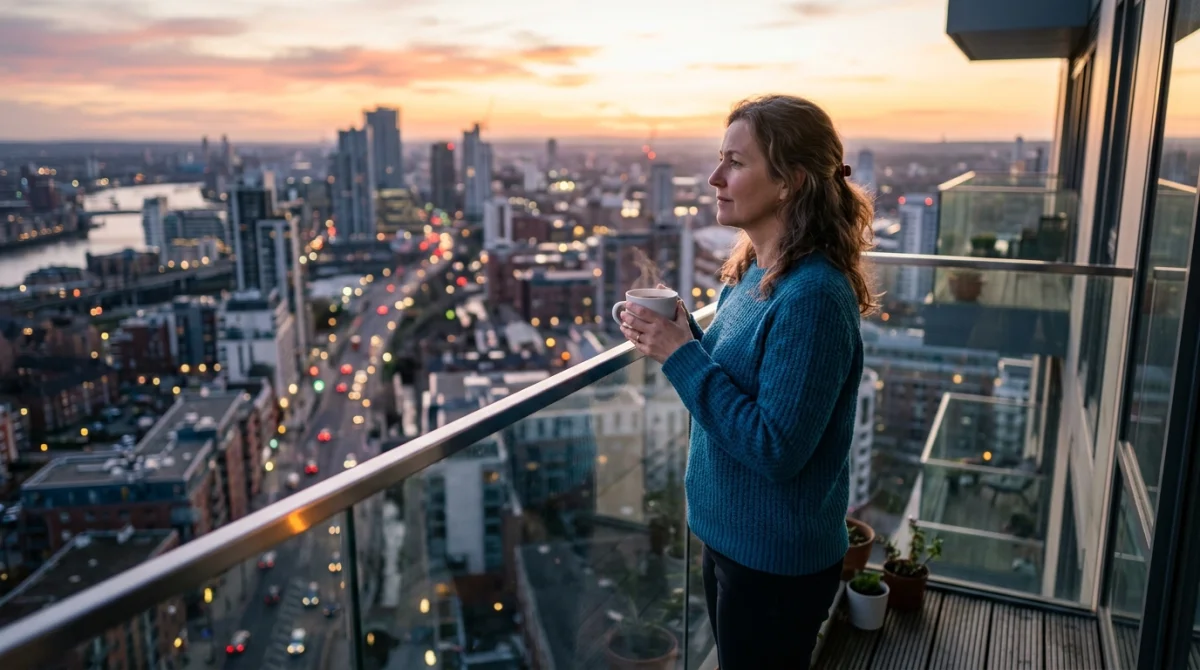 Femme buvant du café sur un balcon avec garde-corps en verre, vue ville coucher de soleil