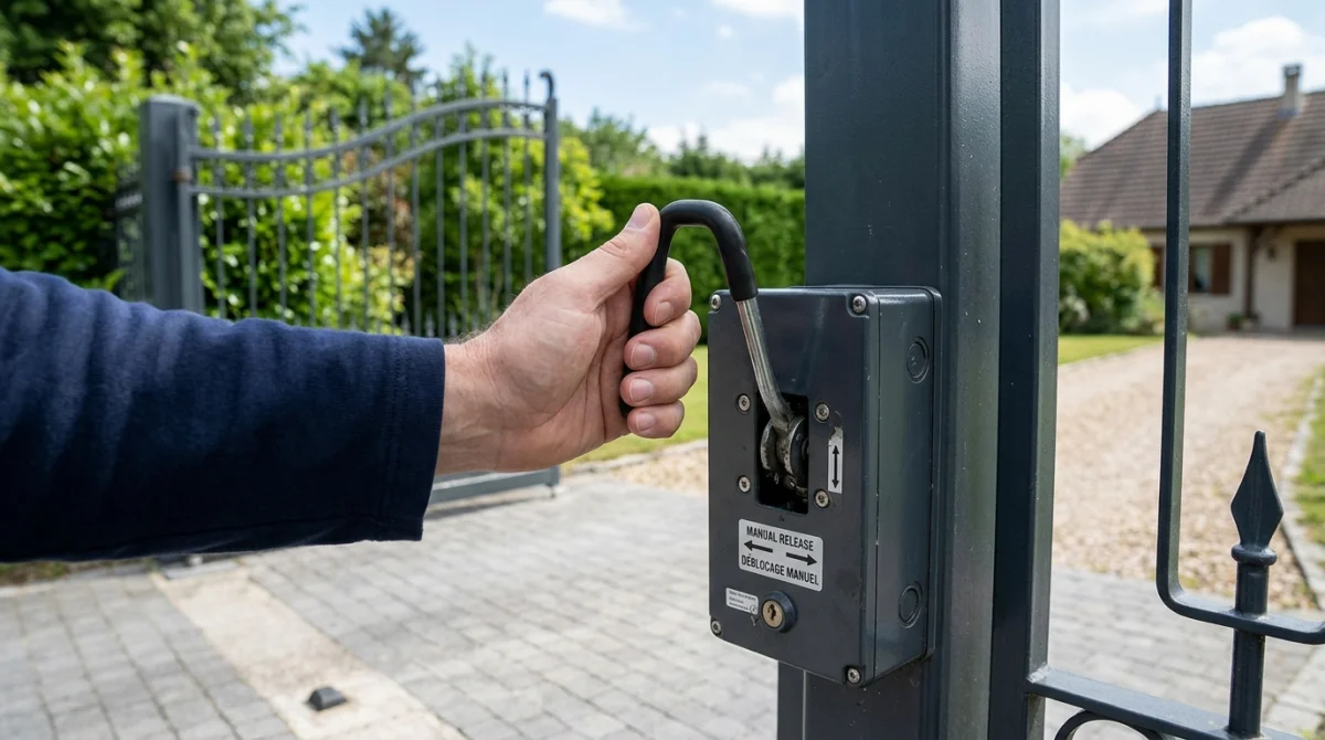 Main actionnant le levier de déblocage manuel d'un portail électrique résidentiel.