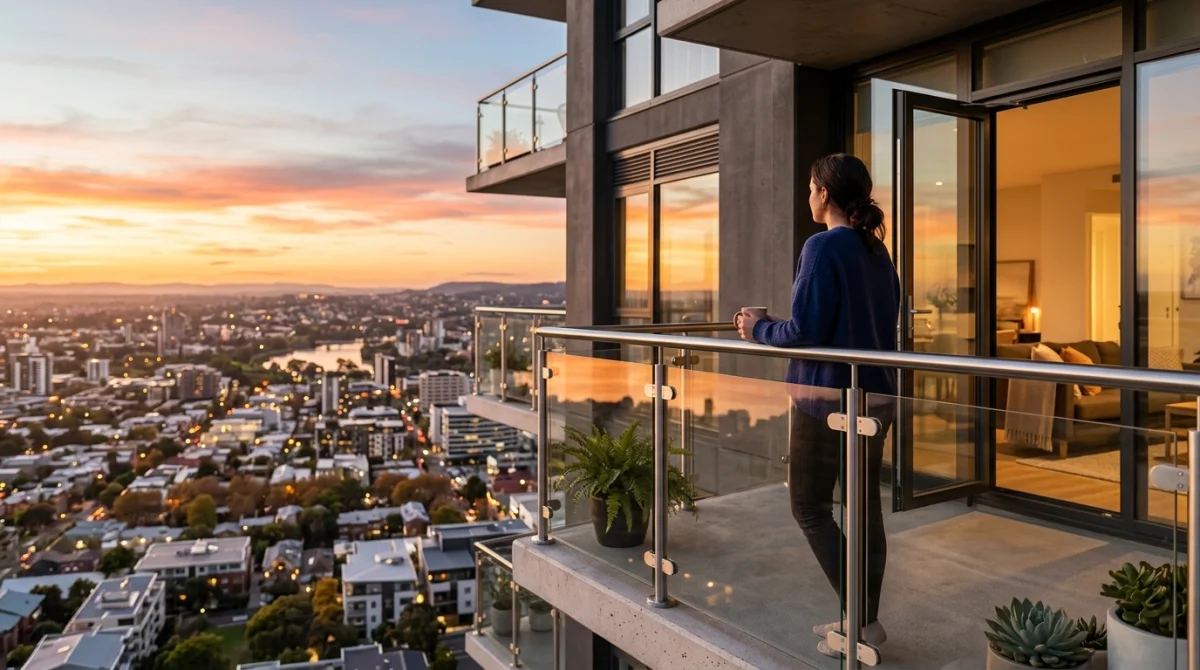 Garde-corps moderne en verre et métal sur balcon sécurisé avec vue ville au coucher du soleil