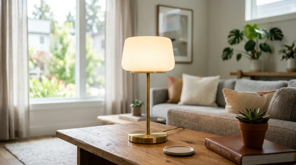 Lampe Lasora Lumière moderne sur table en bois, éclairage doux salon contemporain.