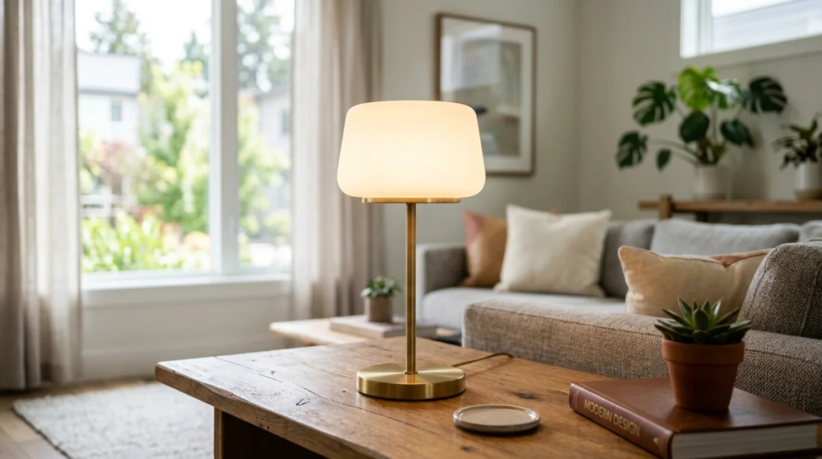 Lampe Lasora Lumière moderne sur table en bois, éclairage doux salon contemporain.