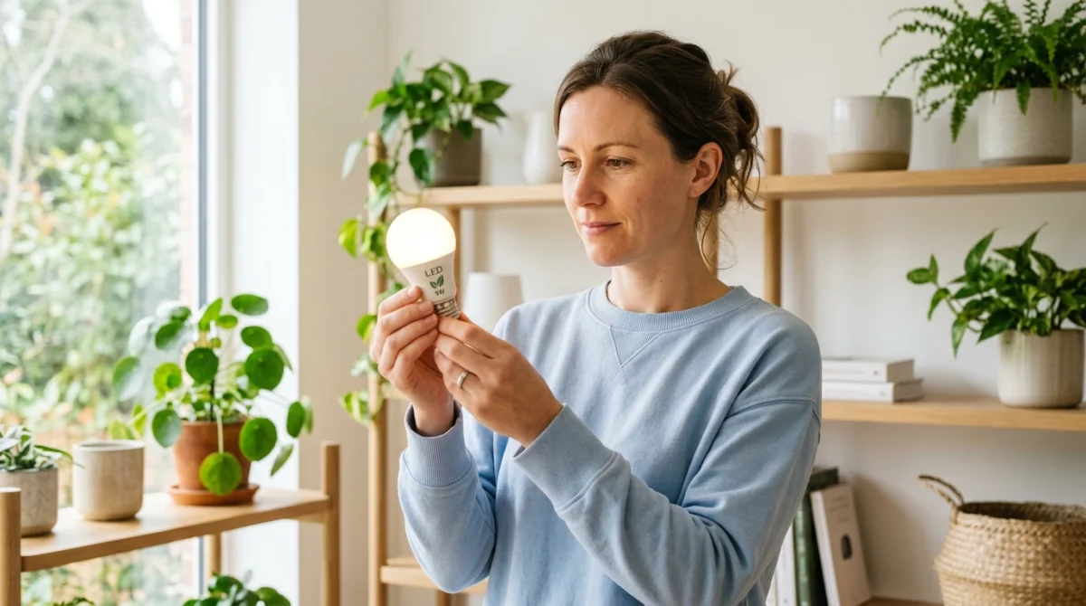 Femme examinant une ampoule LED écoénergétique, ambiance domestique moderne et lumineuse