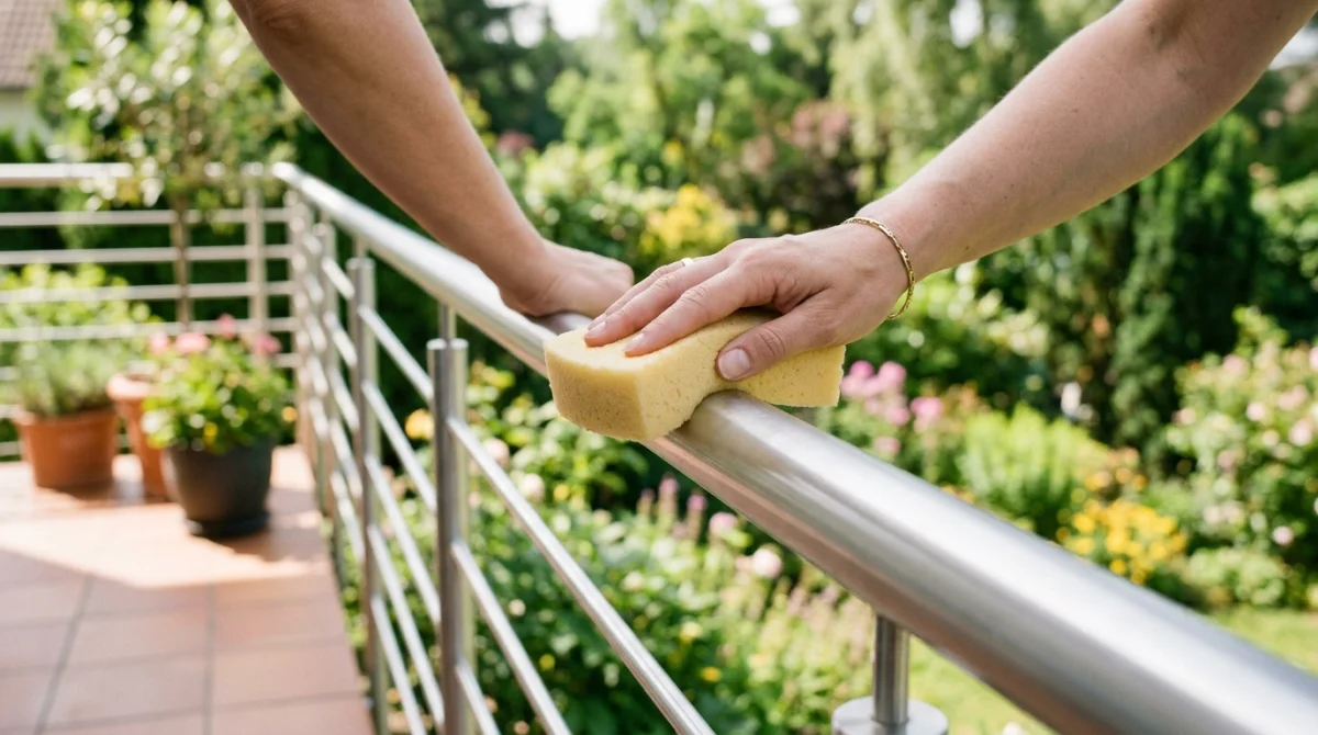 Main nettoyant un garde-corps en aluminium avec une éponge sur un balcon ensoleillé.