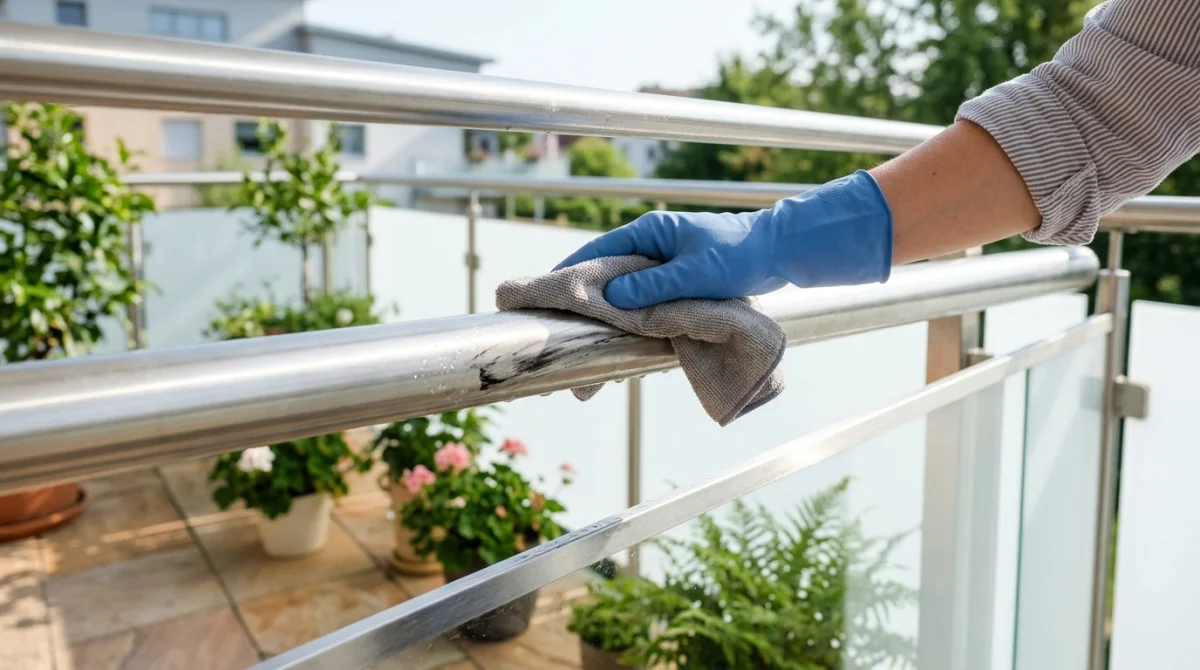 Main nettoyant une trace sur un garde-corps en aluminium avec un chiffon microfibre.