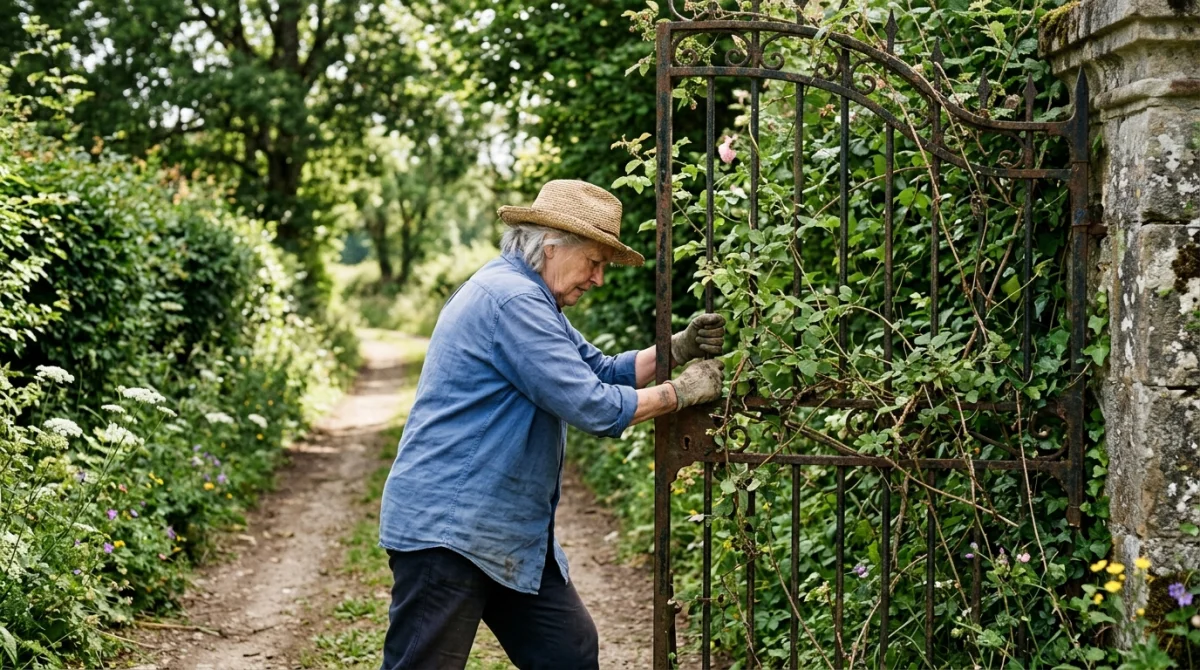 Portail en fer forgé envahi par la végétation sur un chemin de campagne.
