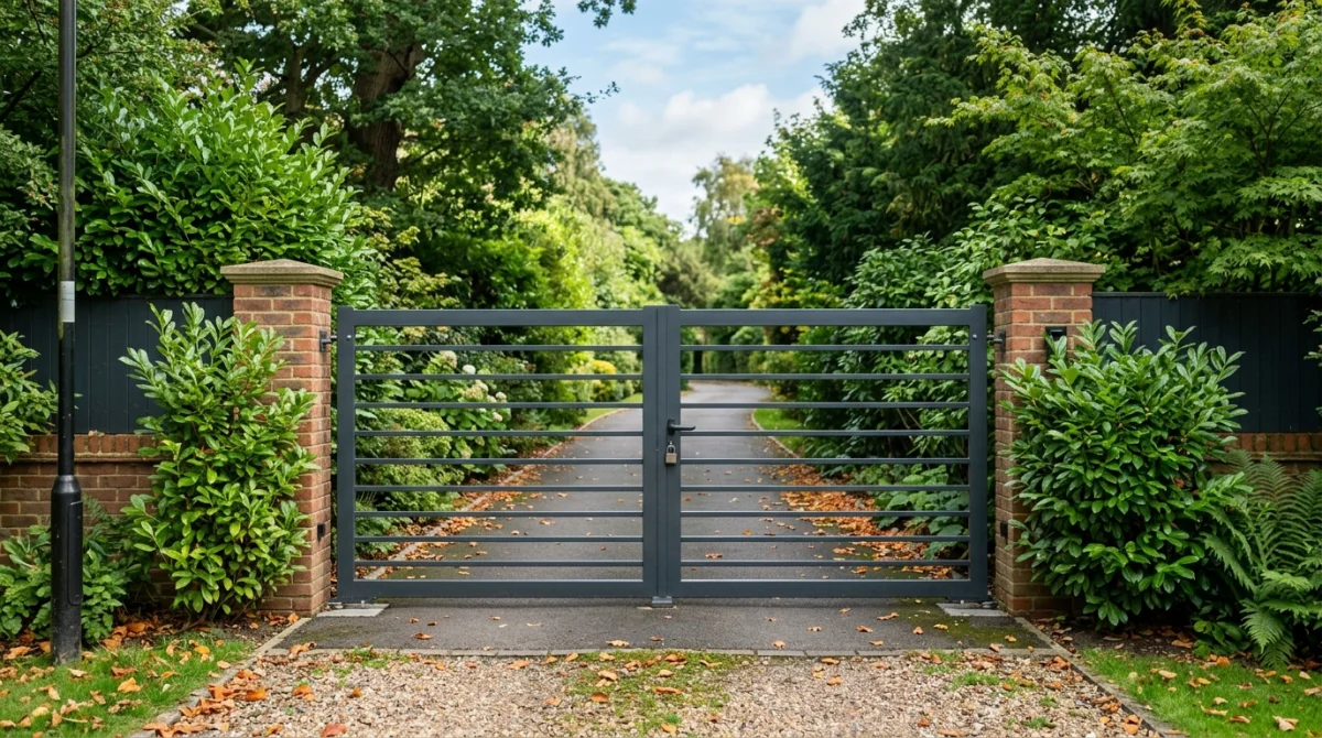 Portail fermé bloquant l'accès à une allée résidentielle bordée de végétation.