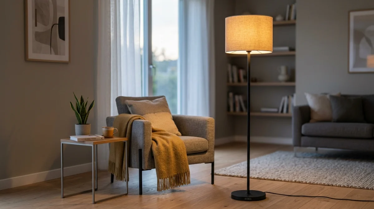 Lampadaire design SOVALA allumé, lumière chaude dans salon moderne.