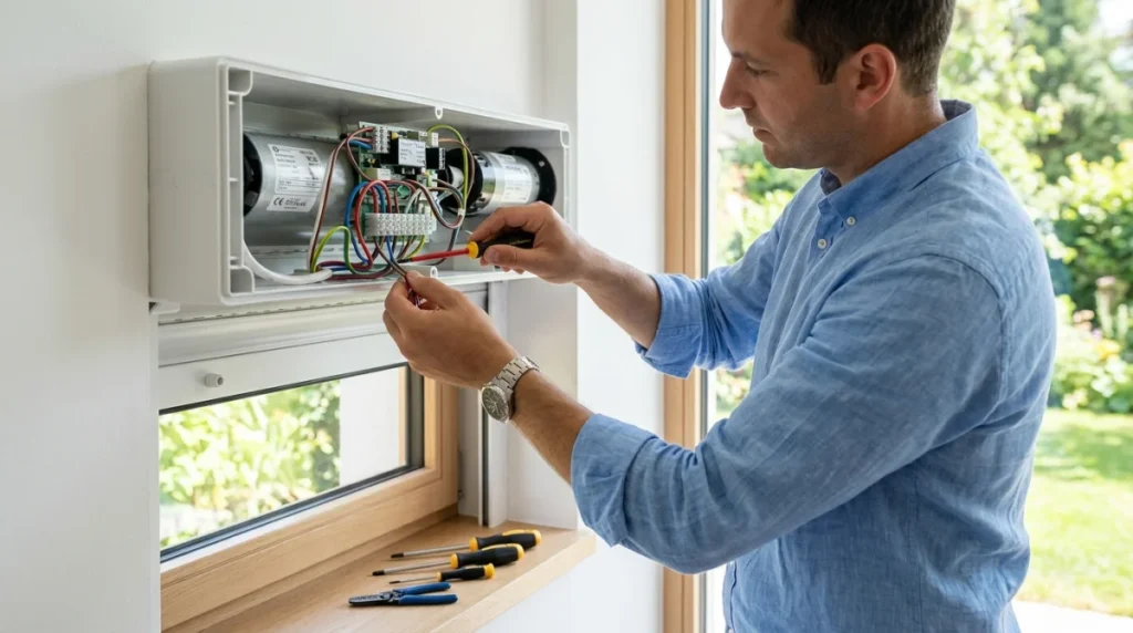 Électricien professionnel vérifiant le câblage d'un coffret de volet roulant pour optimiser le branchement sur disjoncteur 10A.
