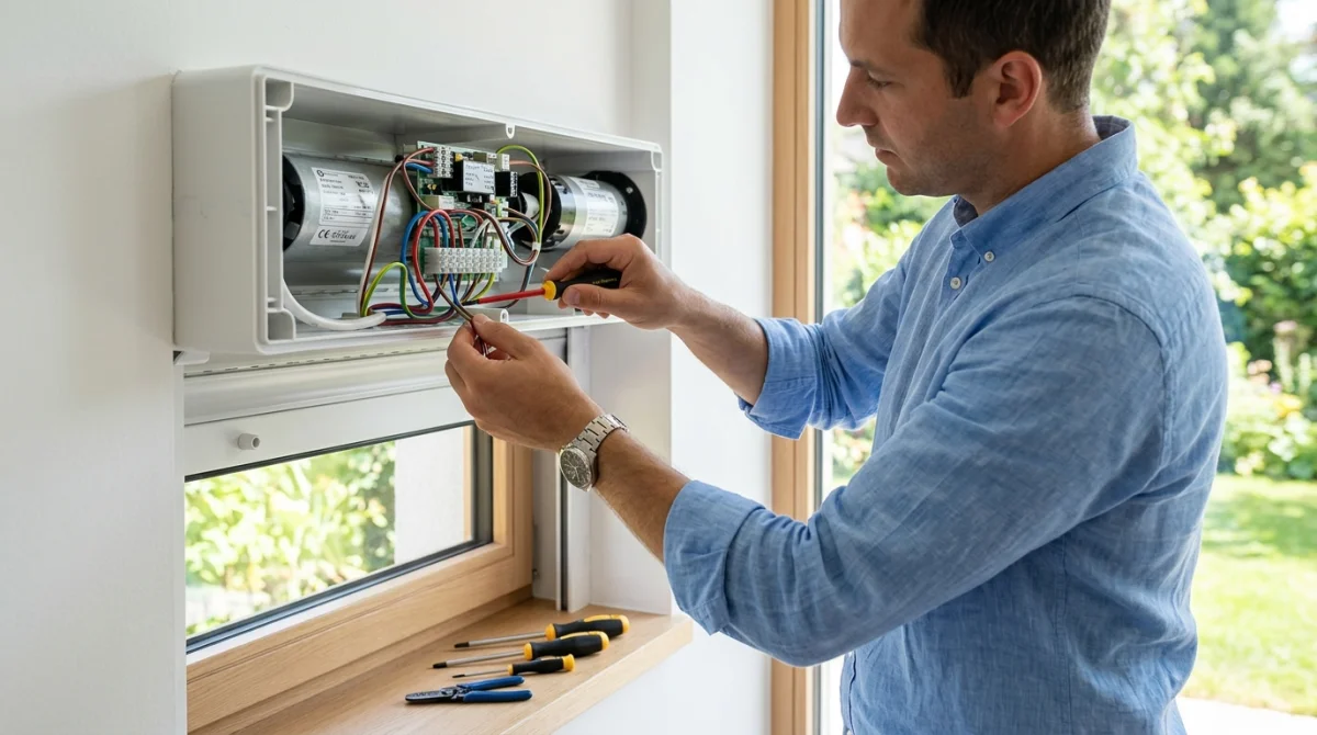 Électricien professionnel vérifiant le câblage d'un coffret de volet roulant pour optimiser le branchement sur disjoncteur 10A.