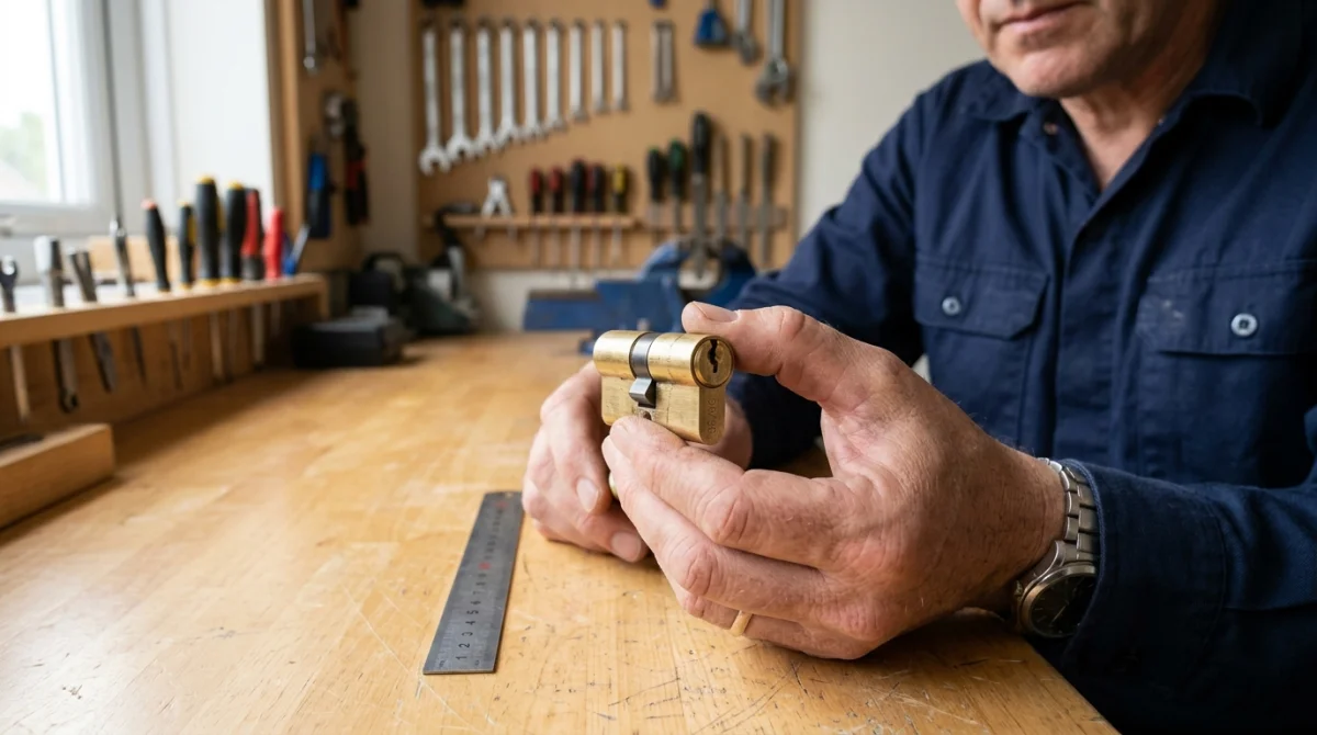 Artisan tenant un cylindre de serrure en laiton pour expliquer comment changer un barillet de porte.