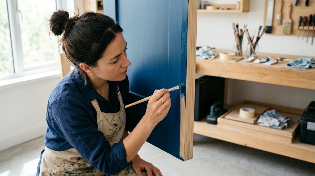 Personne utilisant un pinceau de précision pour peindre le chant d'une porte bleue dans un atelier lumineux.