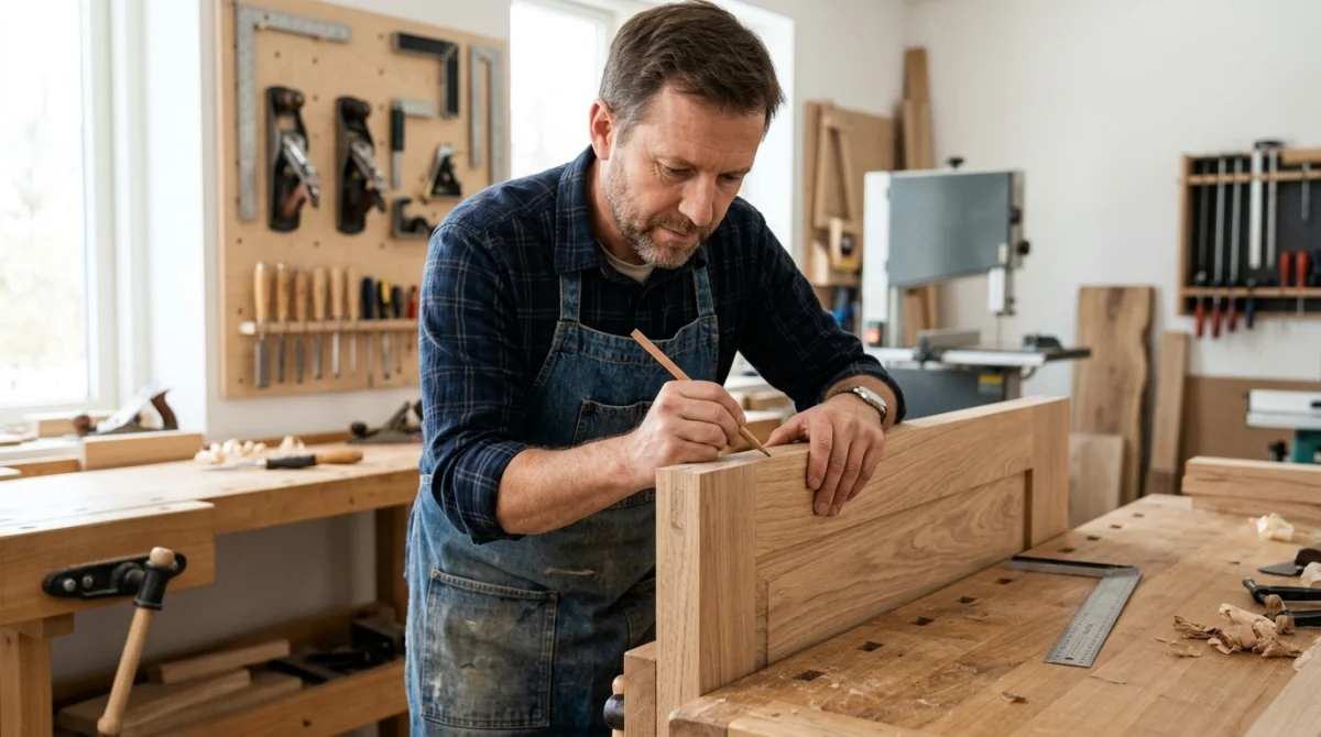 Artisan marquant au crayon la zone de frottement sur le chant d'une porte pour savoir comment raboter une porte.