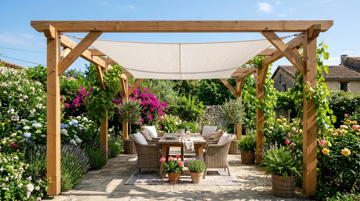 Pergola en bois élégante avec toile d'ombrage moderne sur une terrasse fleurie pour apprendre comment couvrir une pergola.