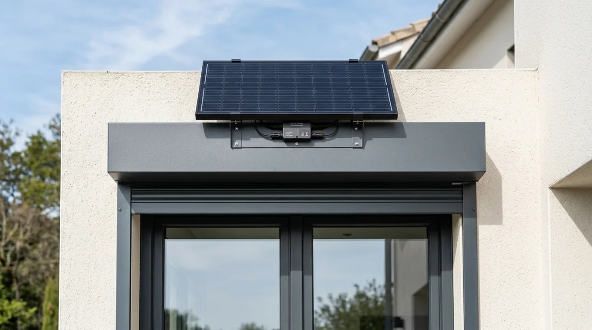 Volet roulant solaire moderne avec panneau photovoltaïque intégré sur le coffre d'une fenêtre de maison contemporaine.