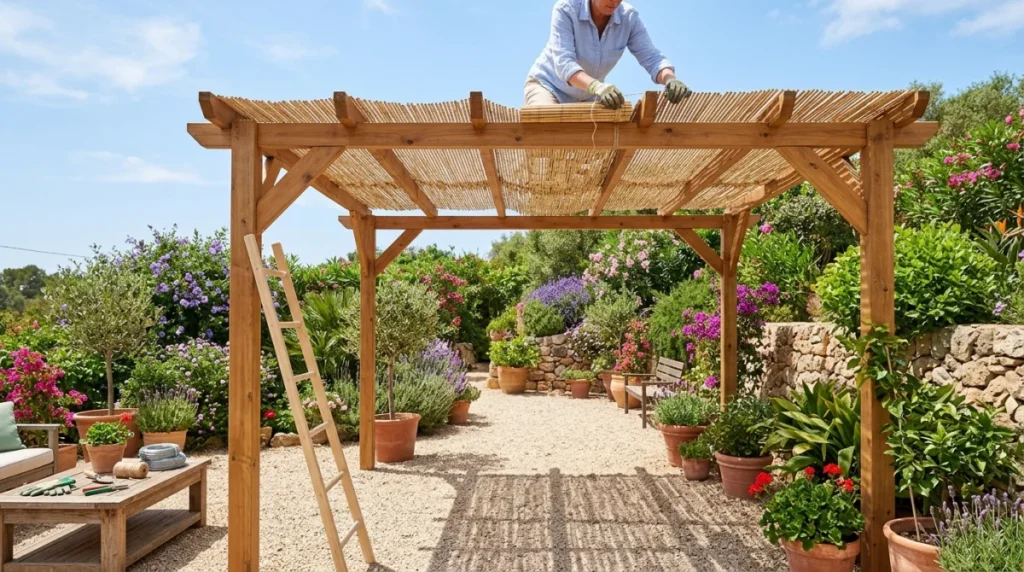 Personne installant des canisses naturelles sur une pergola en bois dans un jardin pour apprendre comment couvrir une pergola.