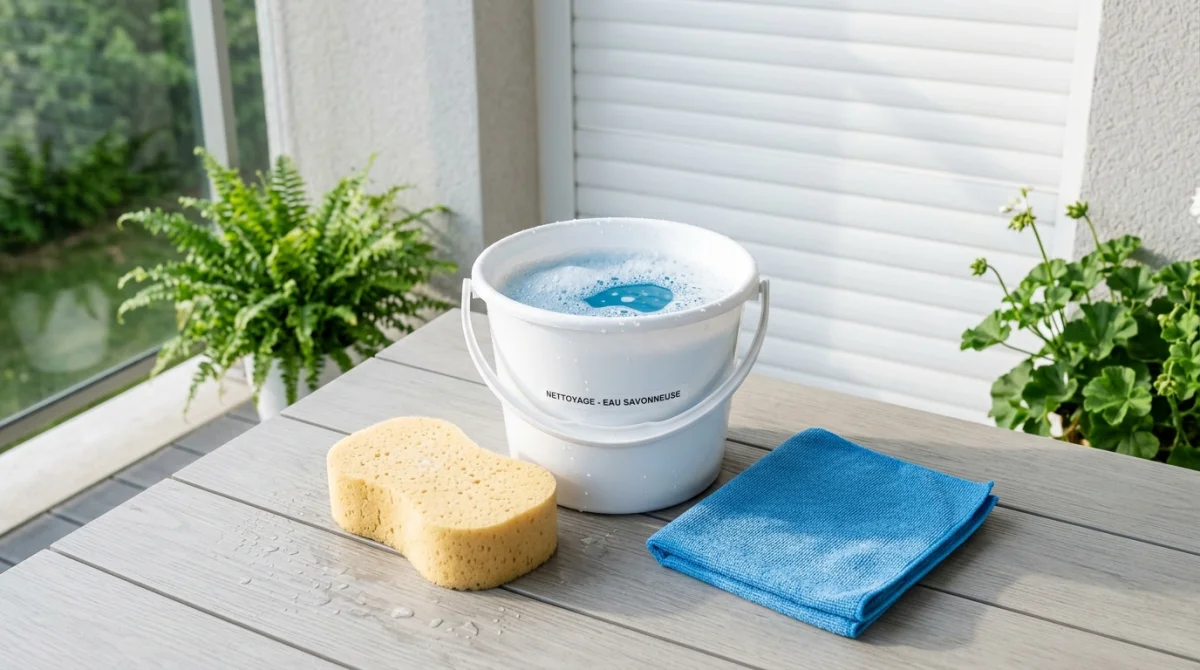 Kit de nettoyage avec éponge, seau et chiffon pour apprendre comment nettoyer des volets roulants en PVC.