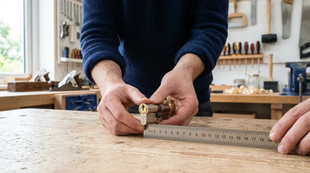Gros plan sur des mains mesurant précisément un cylindre de serrure métallique pour apprendre comment changer une serrure.