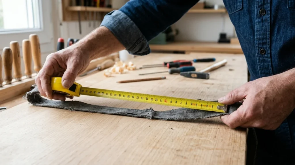 Mains mesurant une sangle de volet roulant avec un mètre ruban pour apprendre comment changer une sangle de volet roulant.