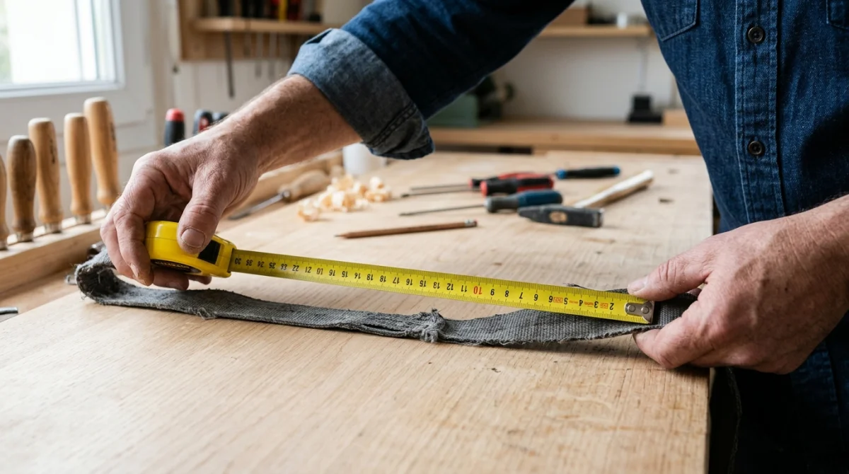 Mains mesurant une sangle de volet roulant avec un mètre ruban pour apprendre comment changer une sangle de volet roulant.