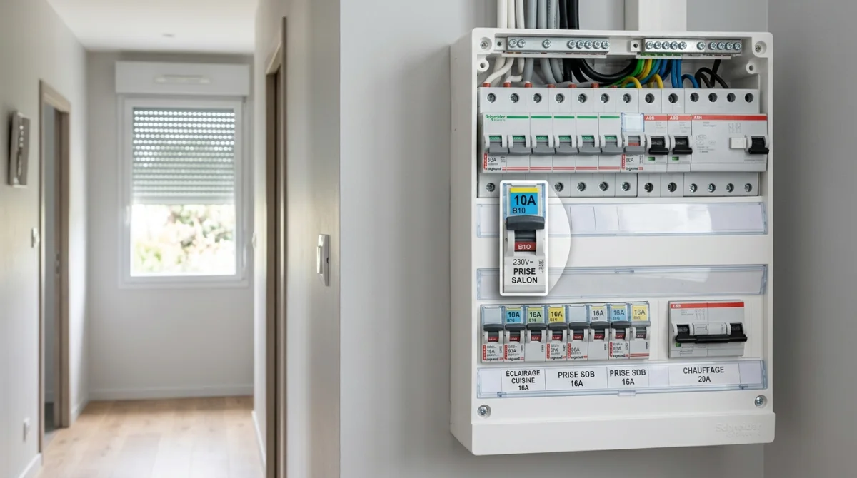 Tableau électrique moderne avec focus sur un disjoncteur 10A pour la gestion des volets roulants domestiques.