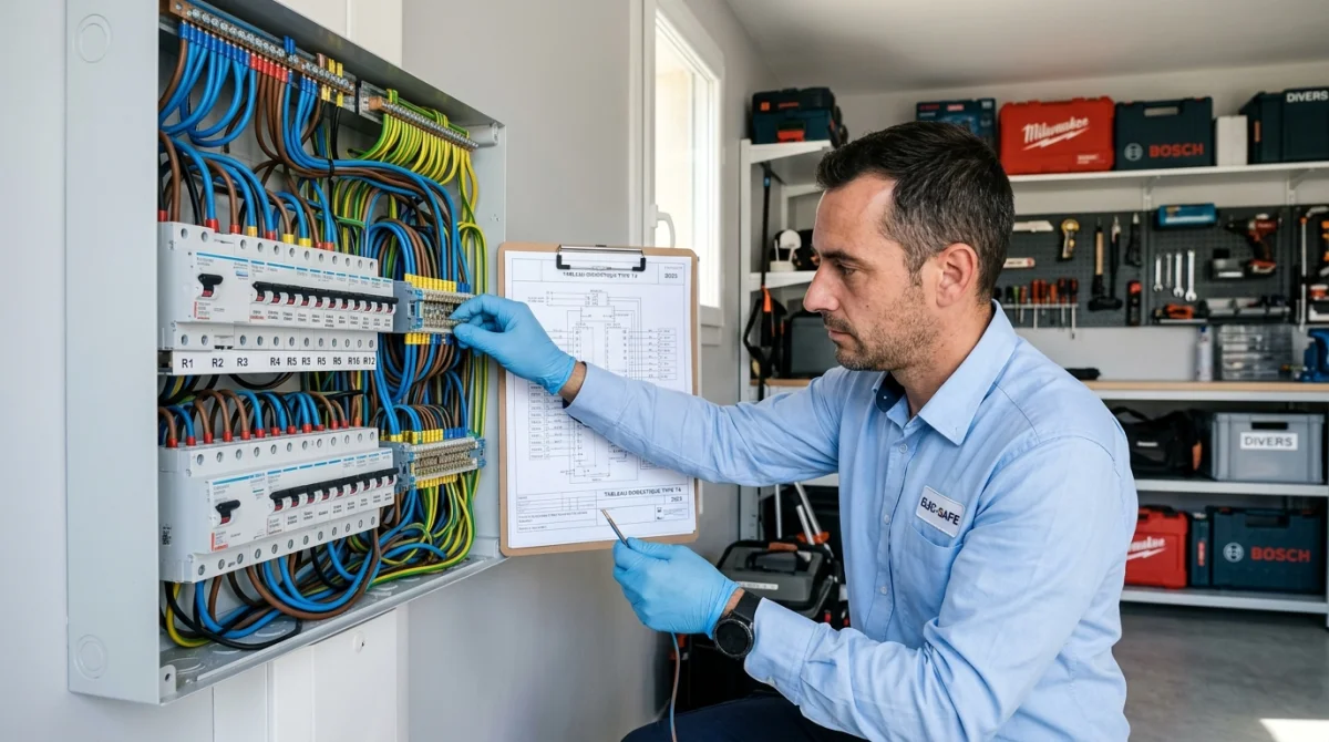 Électricien professionnel vérifiant le câblage d'un tableau électrique pour déterminer combien de volets roulants sur un disjoncteur 16a.
