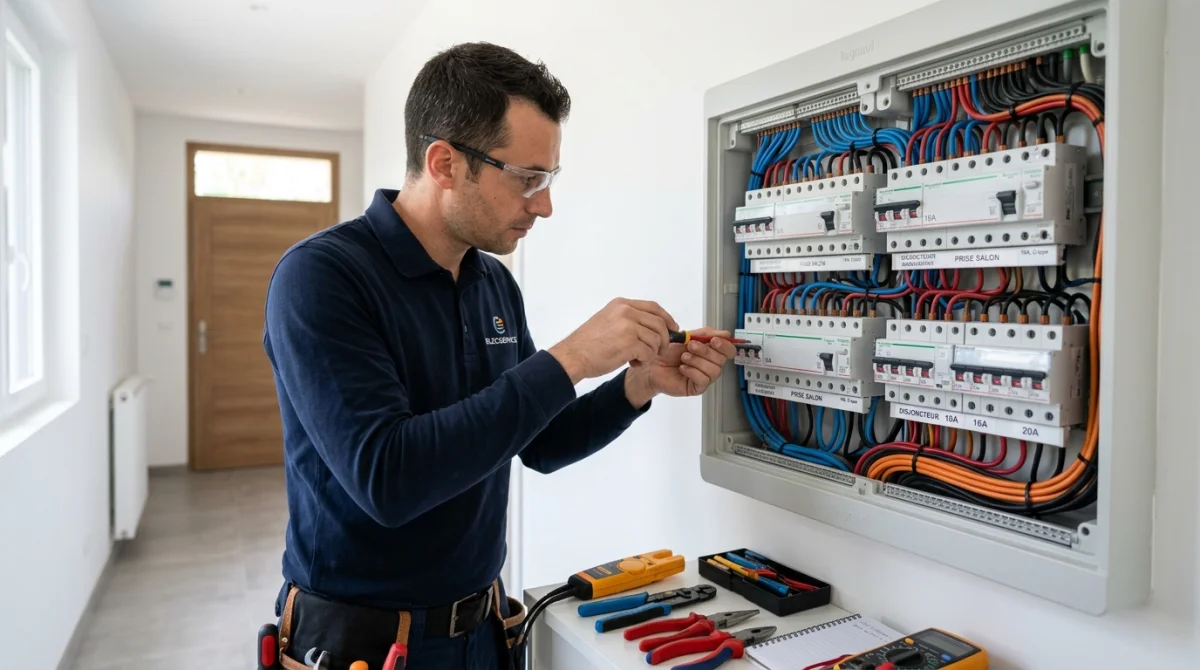 Électricien professionnel vérifiant un disjoncteur 16A dans un tableau électrique moderne pour installer des volets roulants.