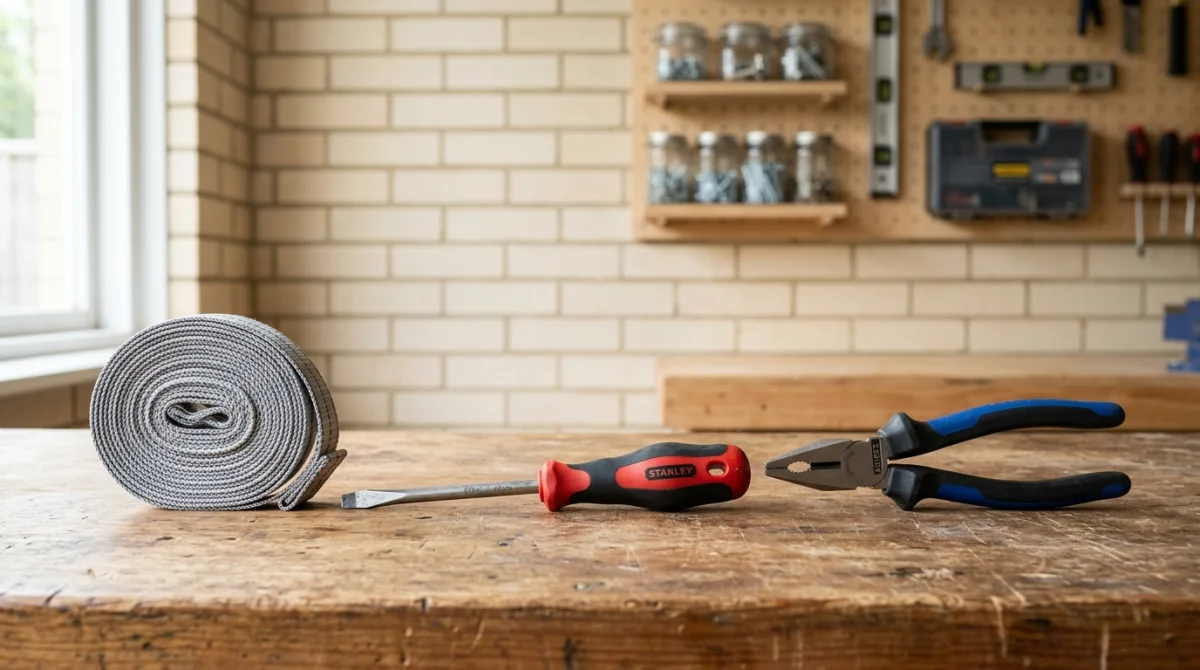 Outils de bricolage, tournevis et sangle neuve sur un établi pour apprendre comment changer une sangle de volet roulant.