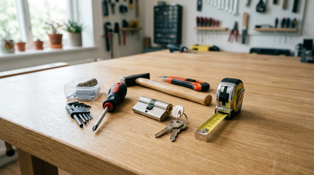 Outils essentiels comme un tournevis et un mètre ruban pour apprendre comment changer un barillet de porte facilement.