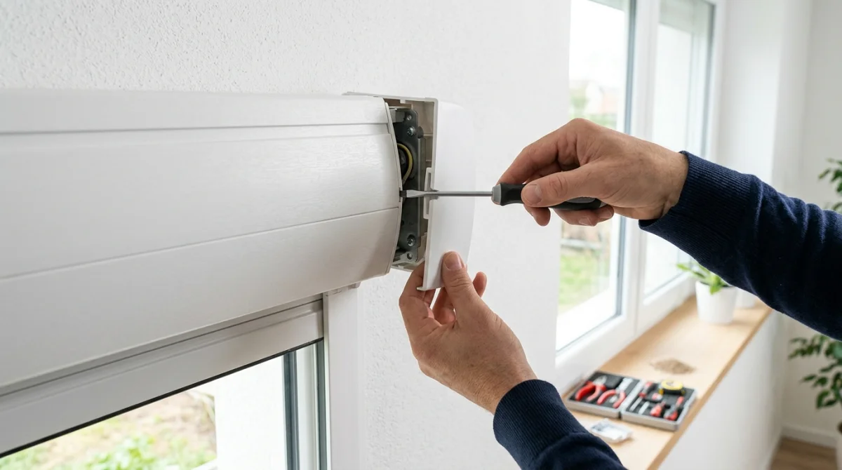 Mains utilisant un tournevis plat pour ouvrir délicatement le coffre d'un volet roulant lors d'une réparation.