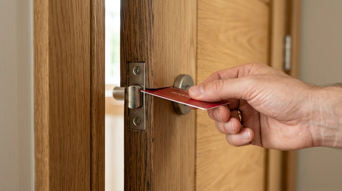 Main tenant une carte plastique insérée dans une serrure de porte en bois pour illustrer comment ouvrir une porte.