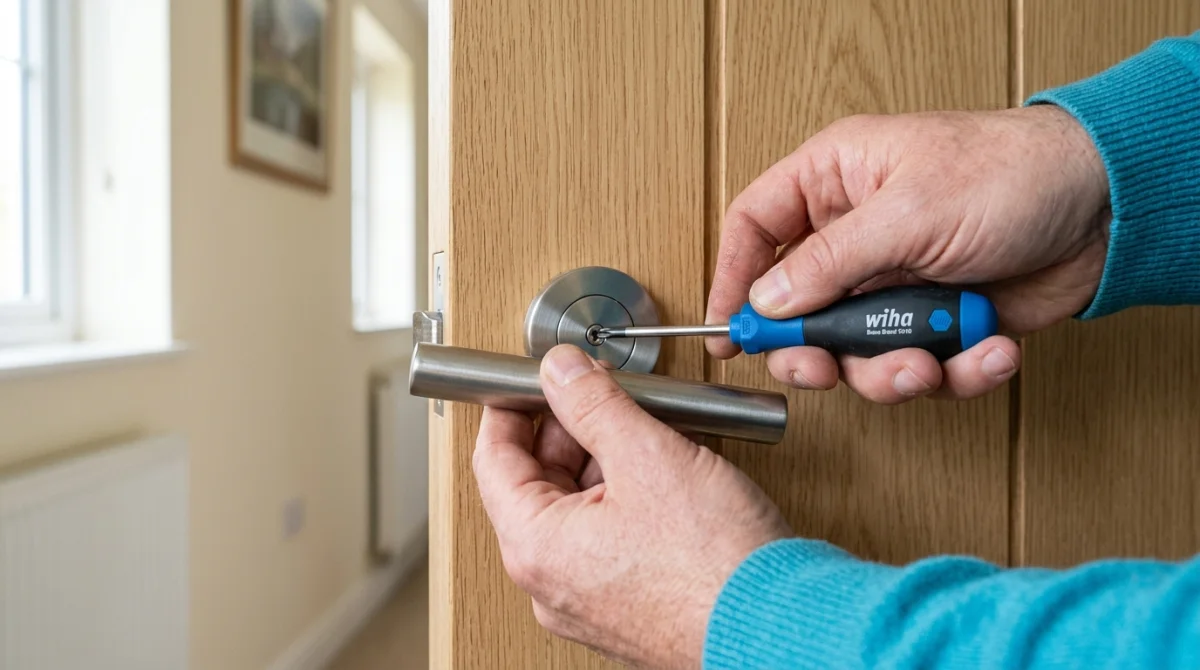 Gros plan sur une main utilisant un tournevis pour déverrouiller une poignée de porte de chambre en métal.