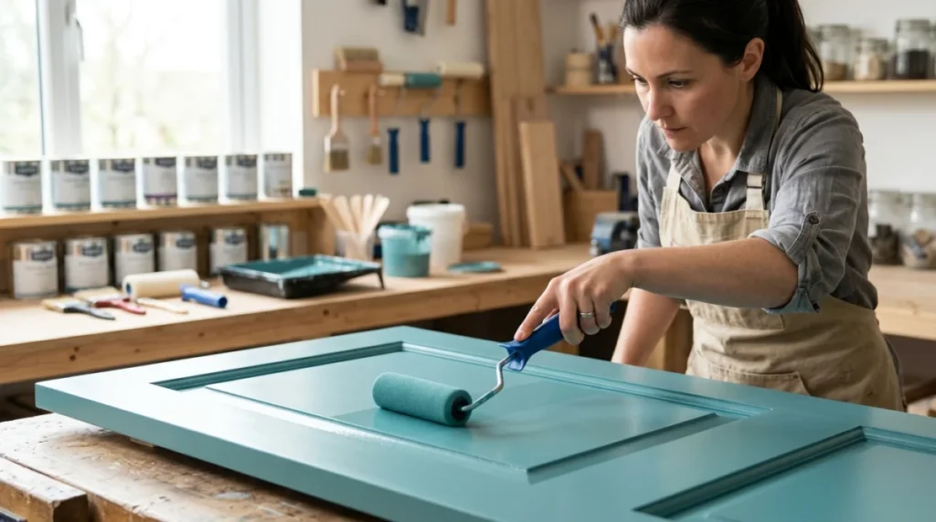Personne utilisant un rouleau pour peindre une porte en bleu sarcelle dans un atelier de bricolage lumineux.