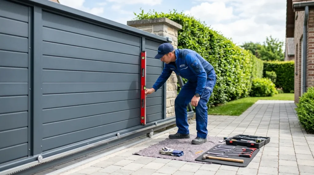 Artisan vérifiant l'alignement d'un portail coulissant en aluminium avec un niveau à bulle lors de son installation.