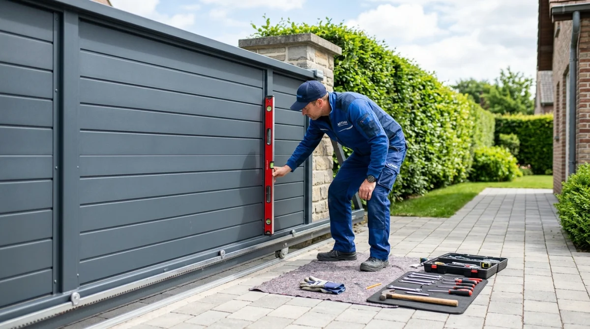 Artisan vérifiant l'alignement d'un portail coulissant en aluminium avec un niveau à bulle lors de son installation.