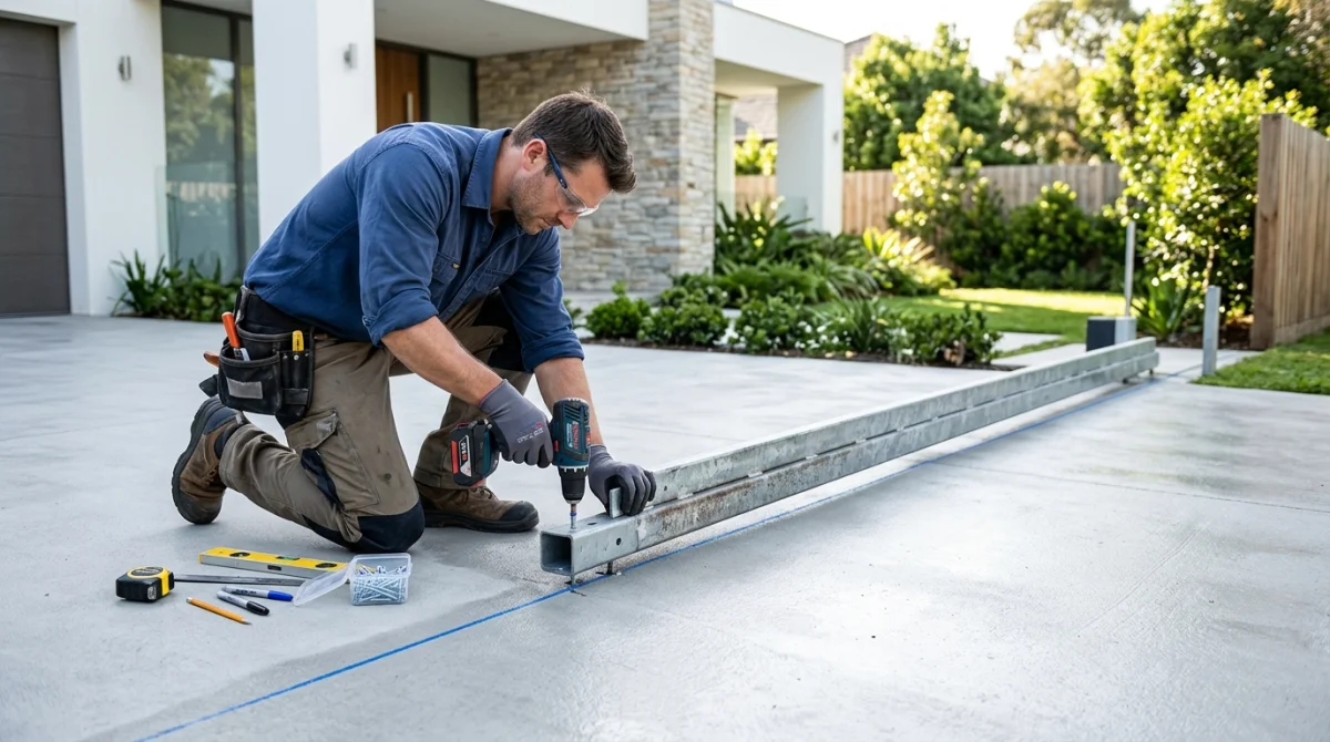 Artisan professionnel fixant avec précision un rail métallique au sol pour installer un portail coulissant moderne.