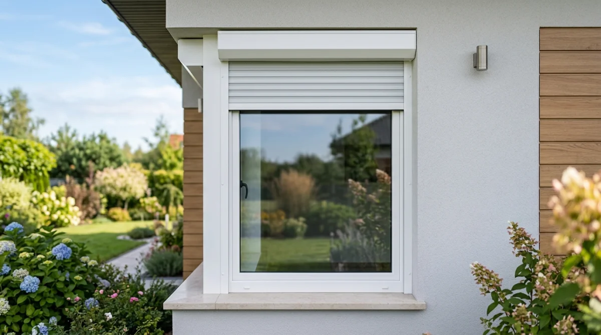 Fenêtre moderne en PVC blanc avec volet roulant intégré sur une façade, illustrant le prix d'une fenêtre double vitrage.