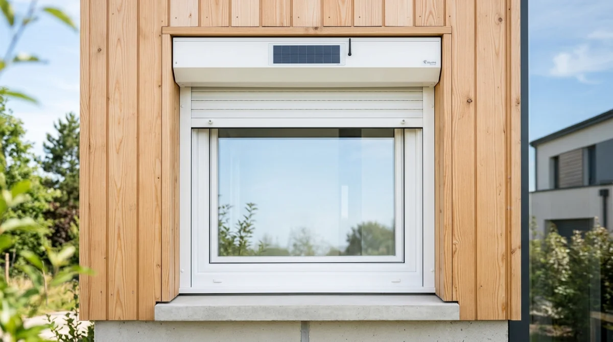 Fenêtre moderne en PVC blanc avec volet roulant solaire intégré sur une façade contemporaine lumineuse.