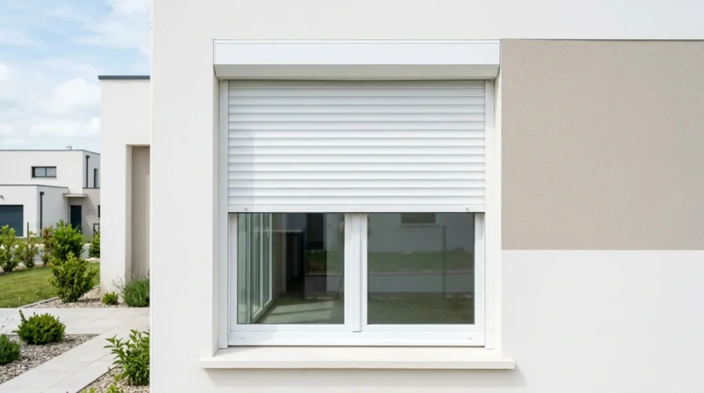 Volet roulant en PVC blanc moderne installé sur une fenêtre extérieure pour illustrer le prix d un volet roulant en pvc.