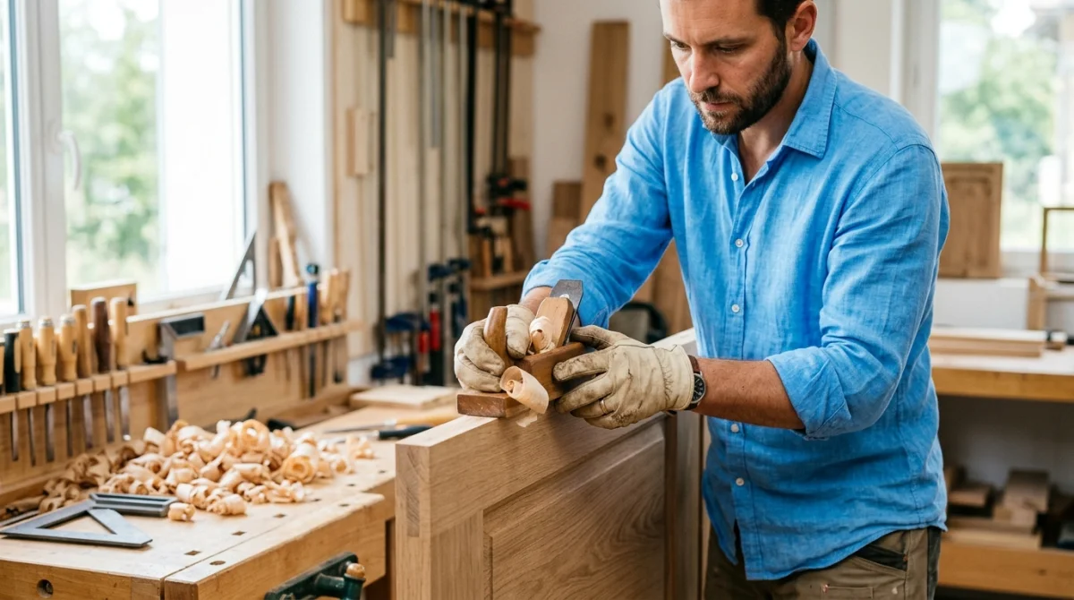Artisan utilisant un rabot manuel sur le chant d'une porte en chêne pour expliquer comment raboter une porte.