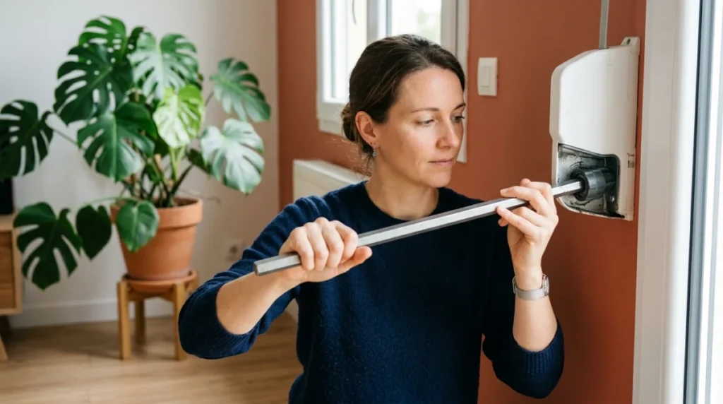 Personne utilisant une tige métallique pour relever un volet roulant électrique sans électricité manuellement dans un salon.