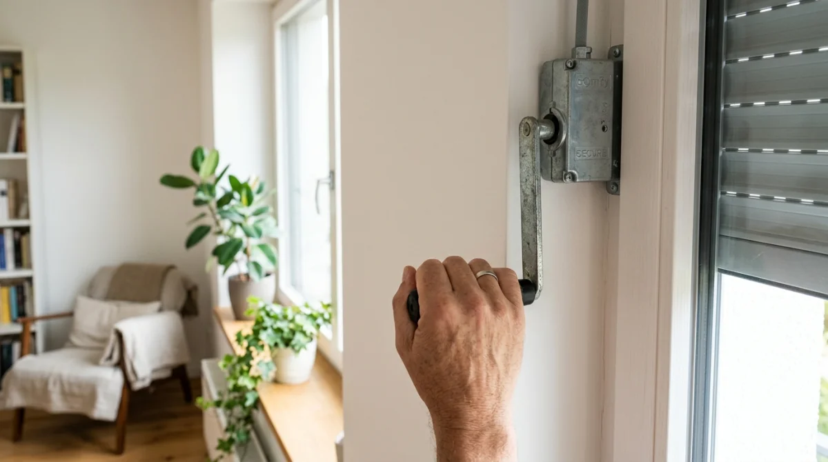 Main utilisant une manivelle de secours pour relever manuellement un volet roulant électrique lors d'une panne de courant.