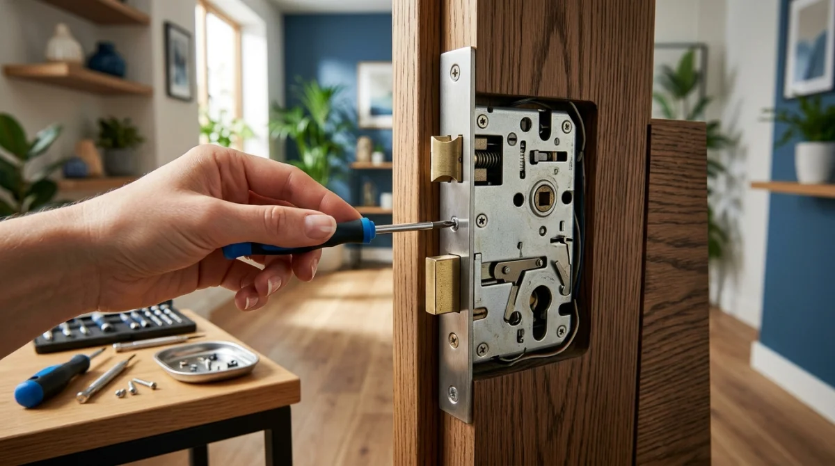 Main tenant un tournevis pour changer une serrure à encastrer sur une porte en bois lors d'un bricolage.