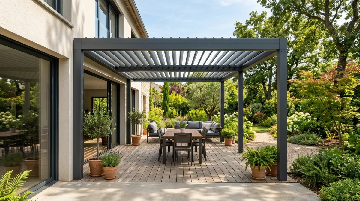 Pergola bioclimatique moderne à lames orientables sur une terrasse en bois, idéale pour choisir son aménagement extérieur.