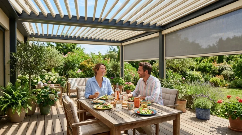 Couple profitant d'un déjeuner sur une terrasse sous une pergola bioclimatique moderne aux lames orientables ajustables.