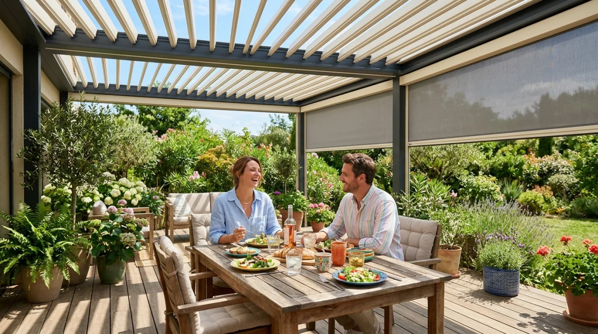 Couple profitant d'un déjeuner sur une terrasse sous une pergola bioclimatique moderne aux lames orientables ajustables.