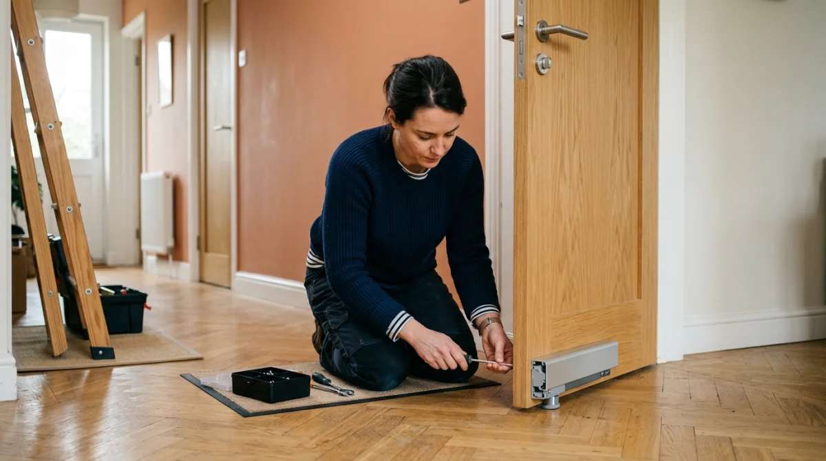 Personne installant une plinthe automatique au bas d'une porte intérieure pour expliquer comment isoler une porte efficacement.