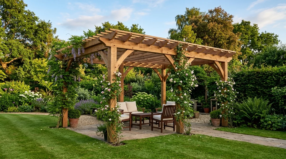 Pergola en bois élégante installée dans un jardin verdoyant pour illustrer comment faire une pergola bois robuste.