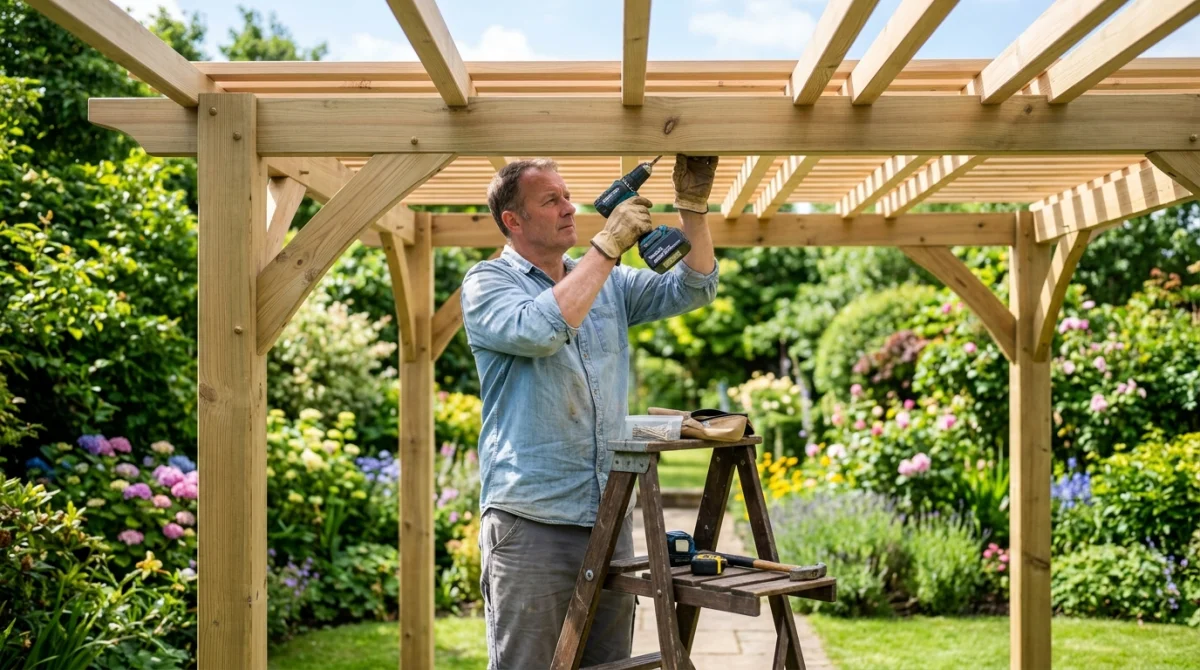 Artisan fixant des lattes en bois sur une structure de pergola dans un jardin ensoleillé.