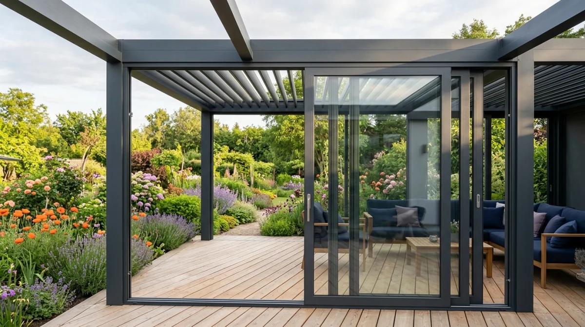 Paroi coulissante en aluminium gris anthracite installée sur une pergola moderne pour fermer les côtés de la terrasse.