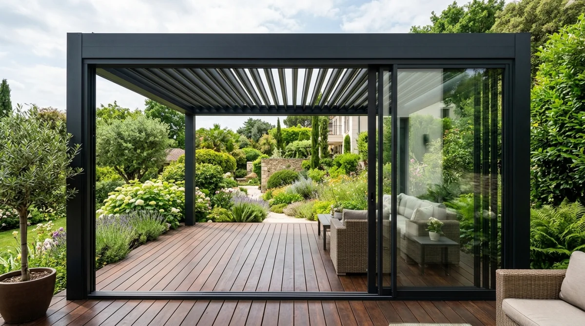 Paroi vitrée coulissante moderne installée sur une pergola en bois pour fermer élégamment les côtés de la terrasse.